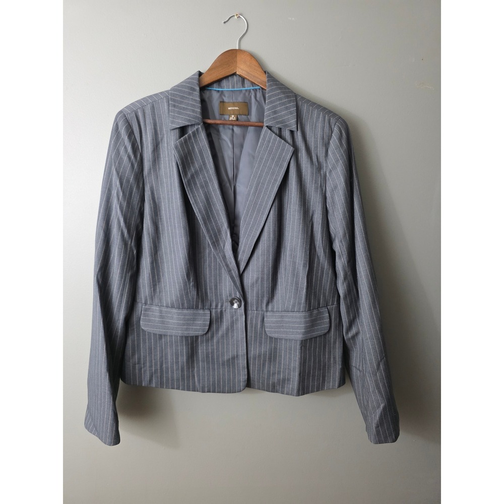 Merona Womens Gray Pinstripe Single Button Blazer Jacket Size 16 Professional